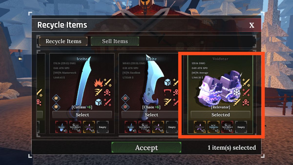 Interface de reciclagem de equipamentos em The Forge mostrando minérios recuperados
