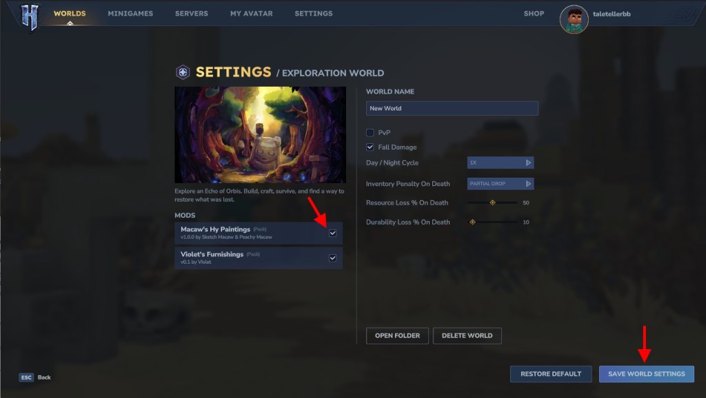 Save World with Mods in Hytale