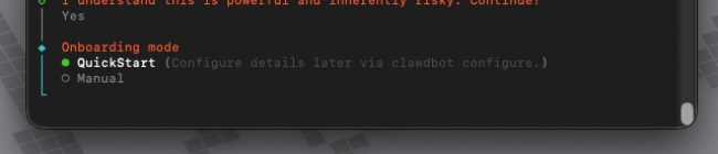 Select Quickstart in the Clawdbot setup wizard on Mac terminal