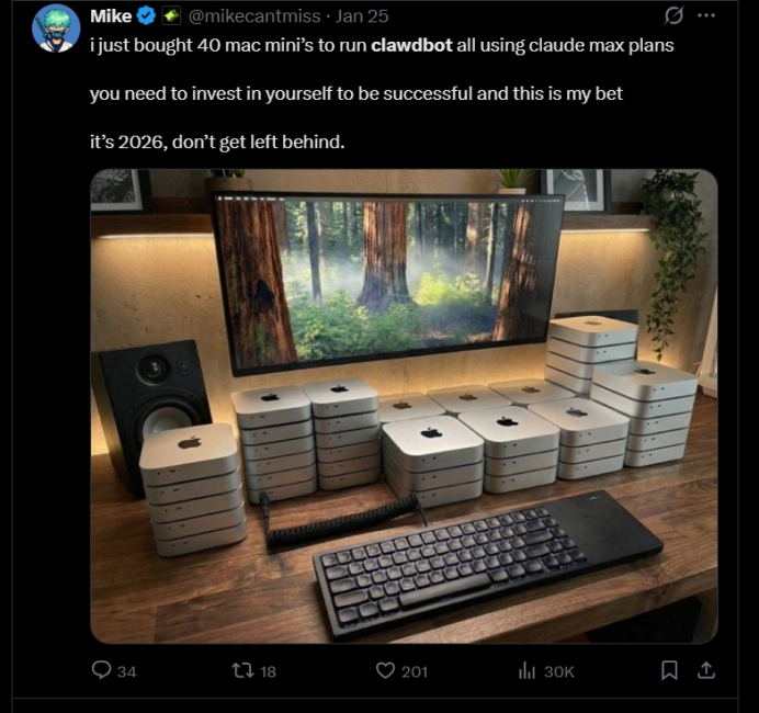 X post showing a bunch of Mac Mini stacked on top of each other