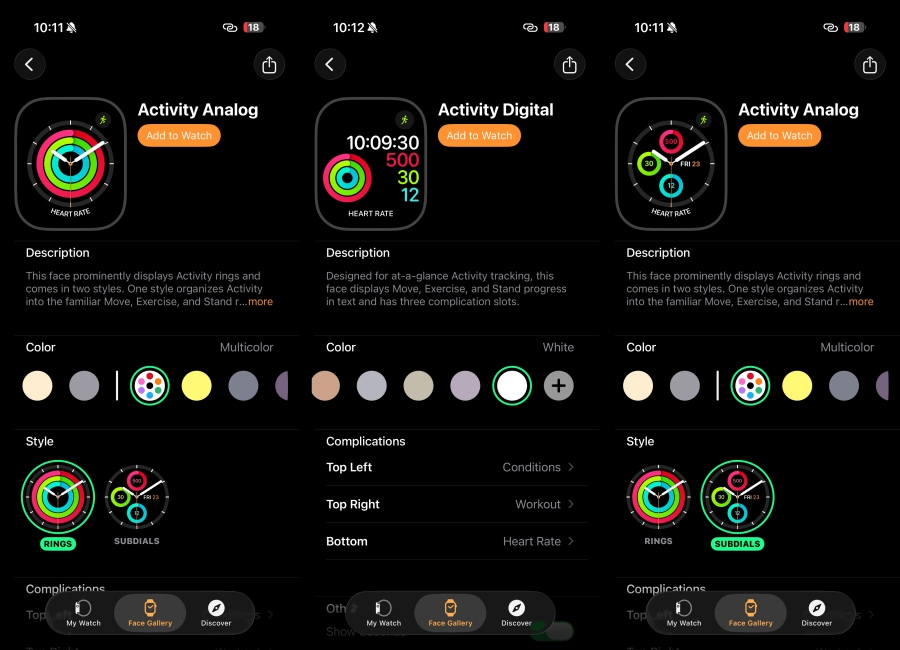 Activity Analog/Digital Watch Face watchOS 26 setup screen side by side
