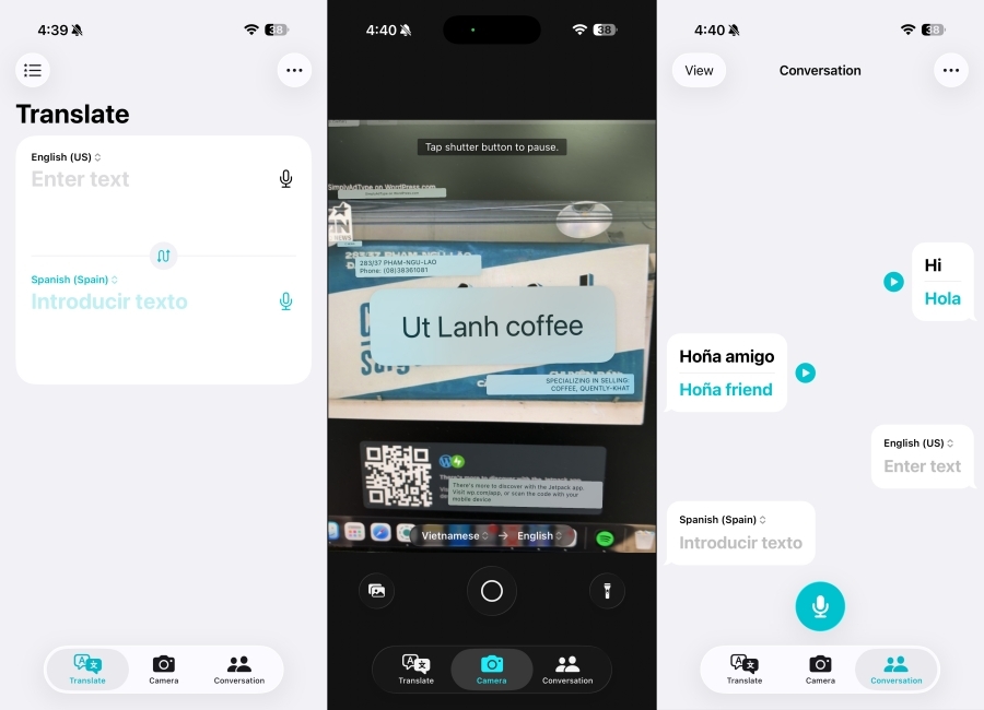 screenshots showing the different pages and features inside the App Translate App
