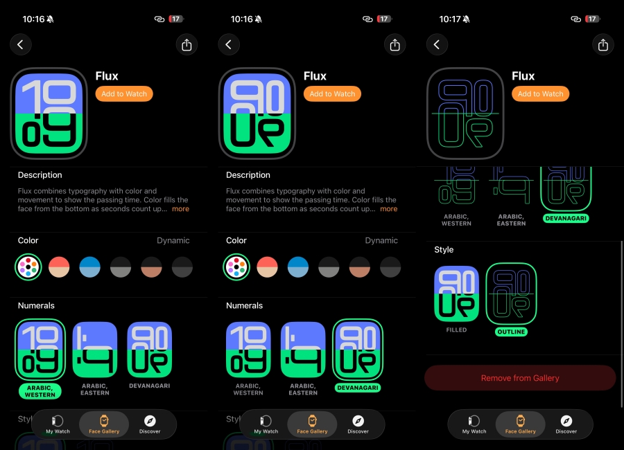 Apple Watch Flux Theme Screenshots side by side