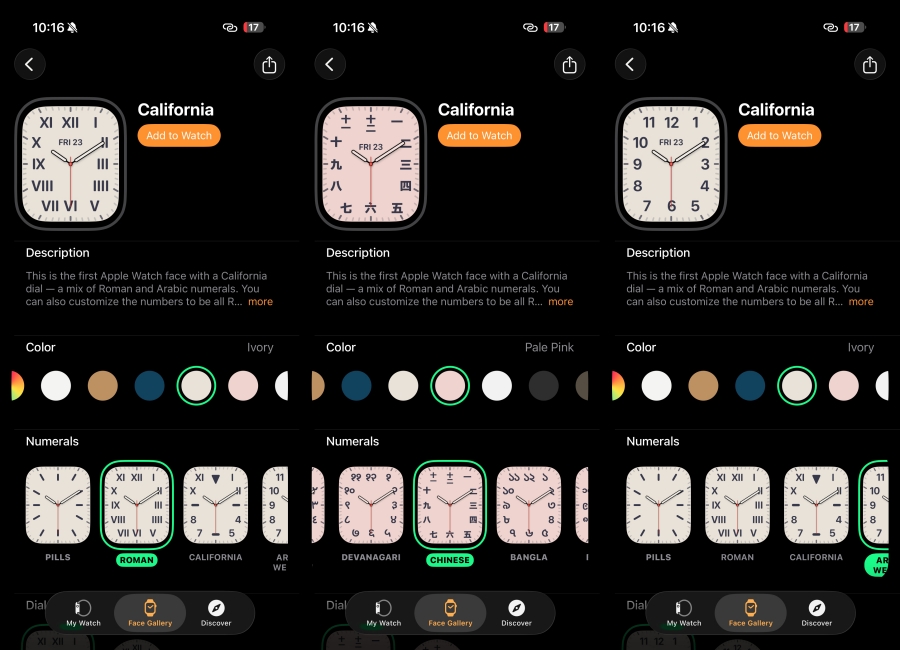 California Watch Face watchOS 26 setup screen side by side