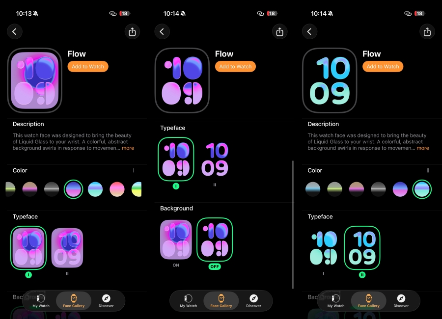 Flow Watch Face customizations page screenshots side by side