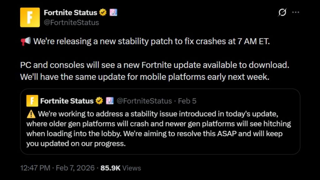 Fortnite Crash Hotfix Announcement February 7