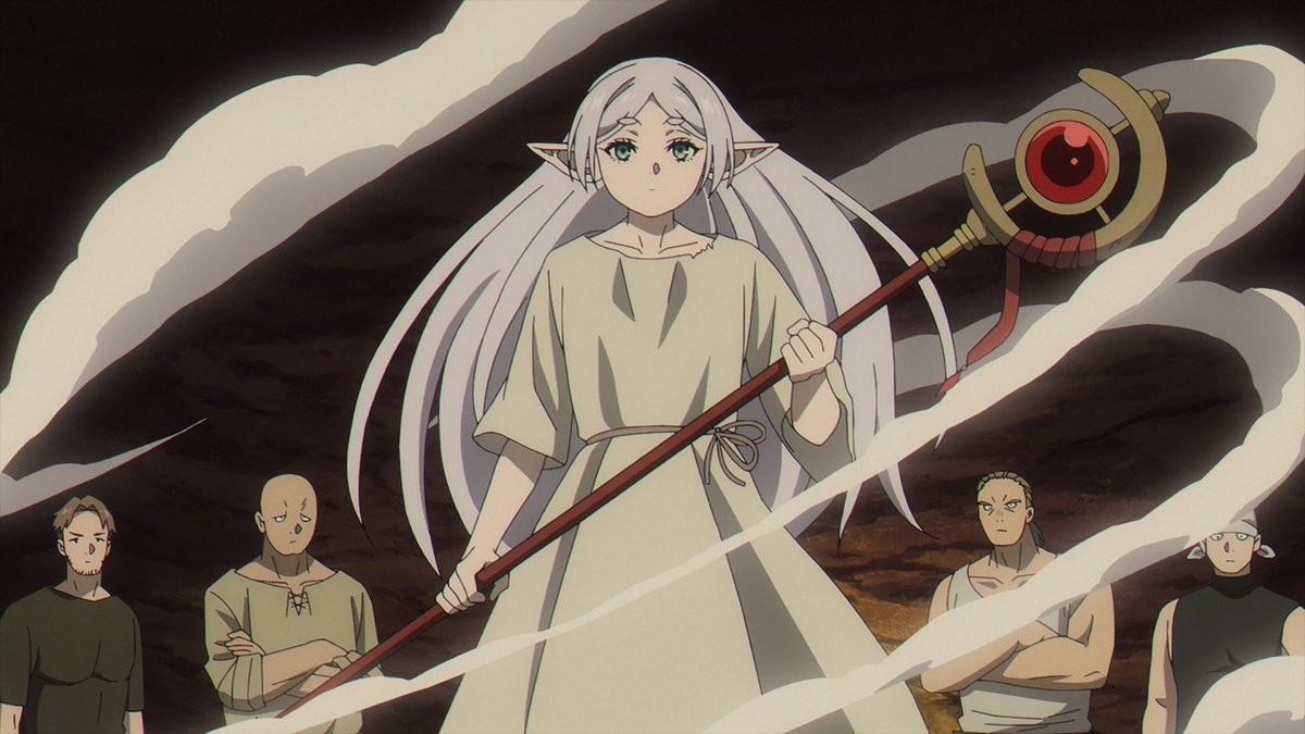 A young Frieren wielding her staff in Frieren anime