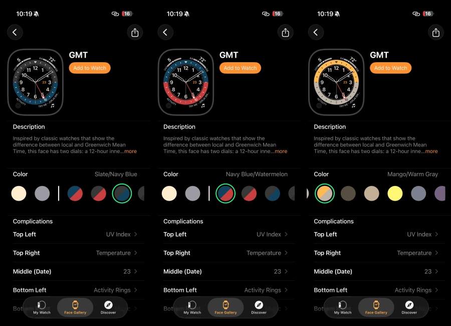 GMT Watch Face watchOS 26 setup screen side by side