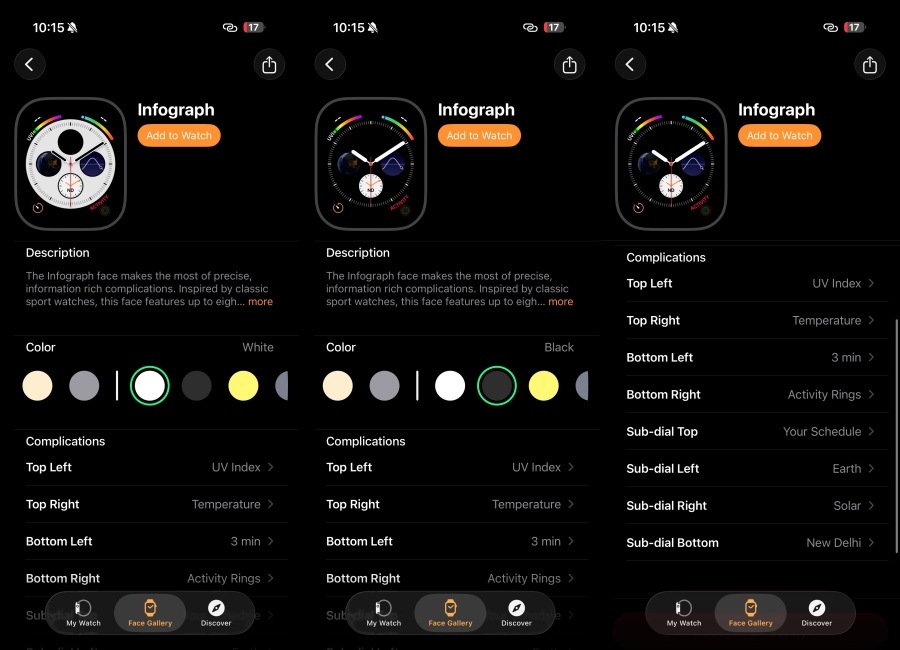 Infograph Watch Face watchOS 26 setup screen side by side