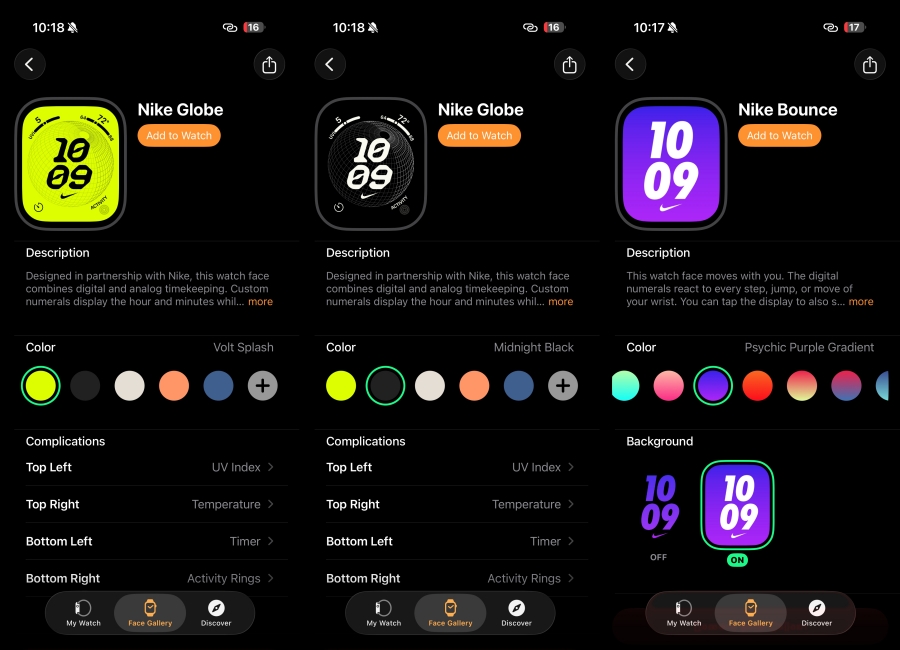 Nike Bounce/Globe Watch Face watchOS 26 setup screen side by side