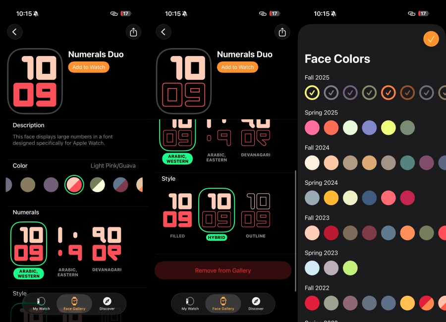 Numeral Duos Watch Face watchOS 26 setup screen side by side