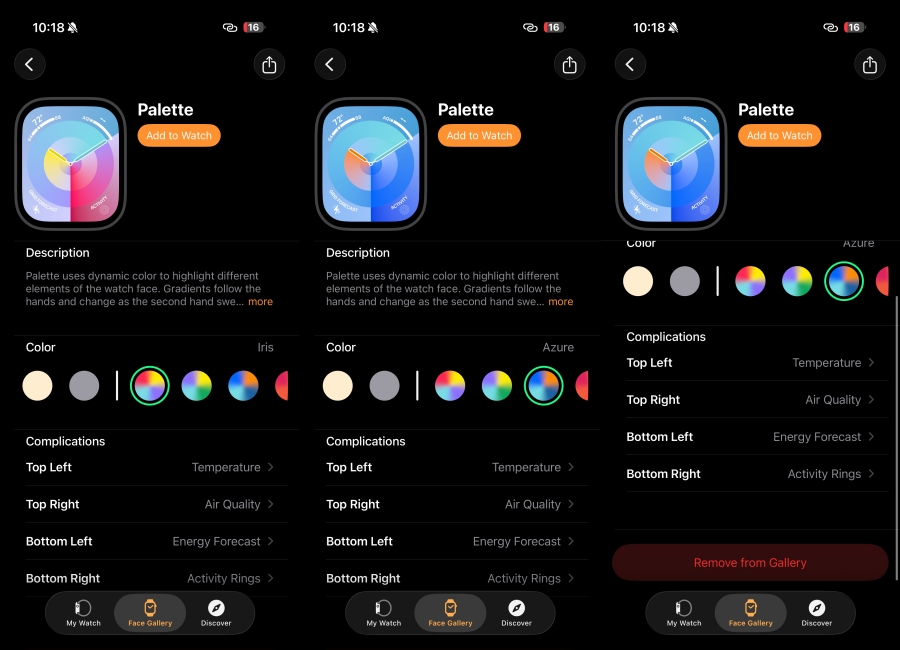 Palette Watch Face watchOS 26 setup screen side by side