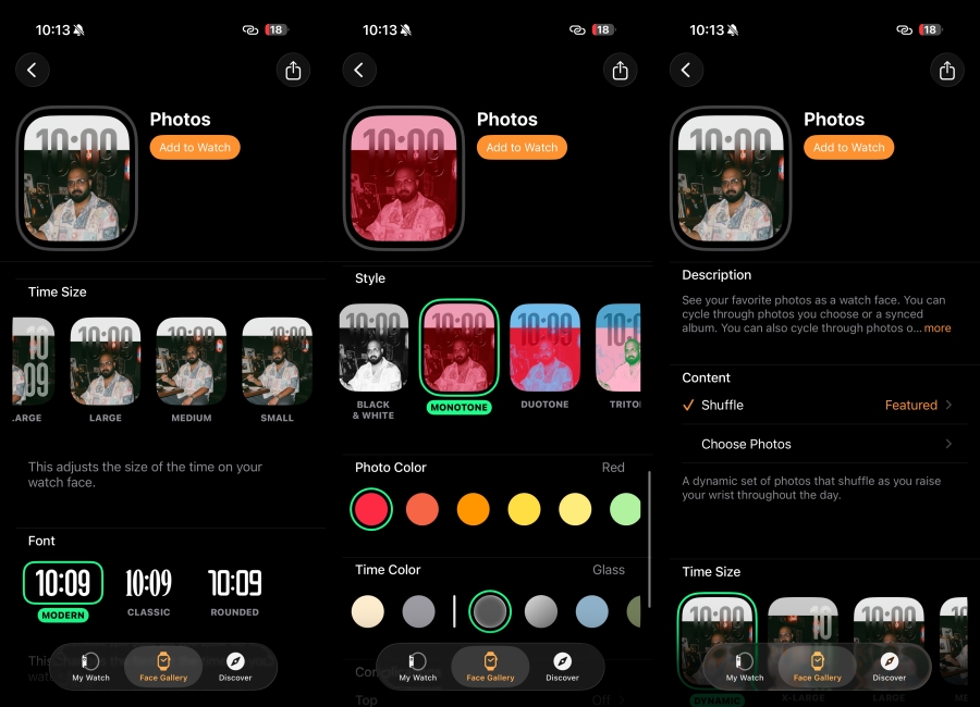 Photos Watch Face watchOS 26 setup screen side by side