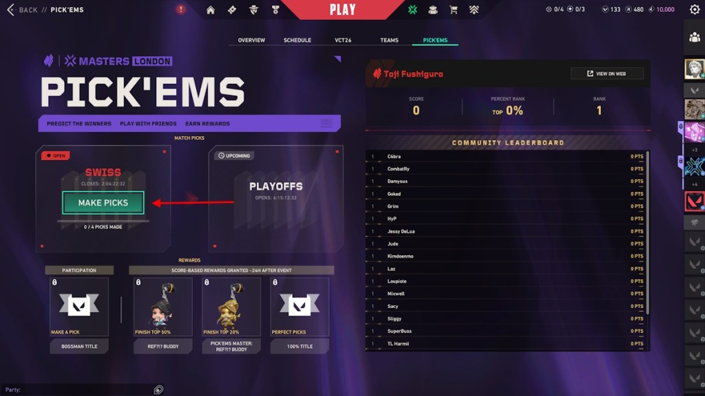 Select Make Picks to make predictions in Valorant