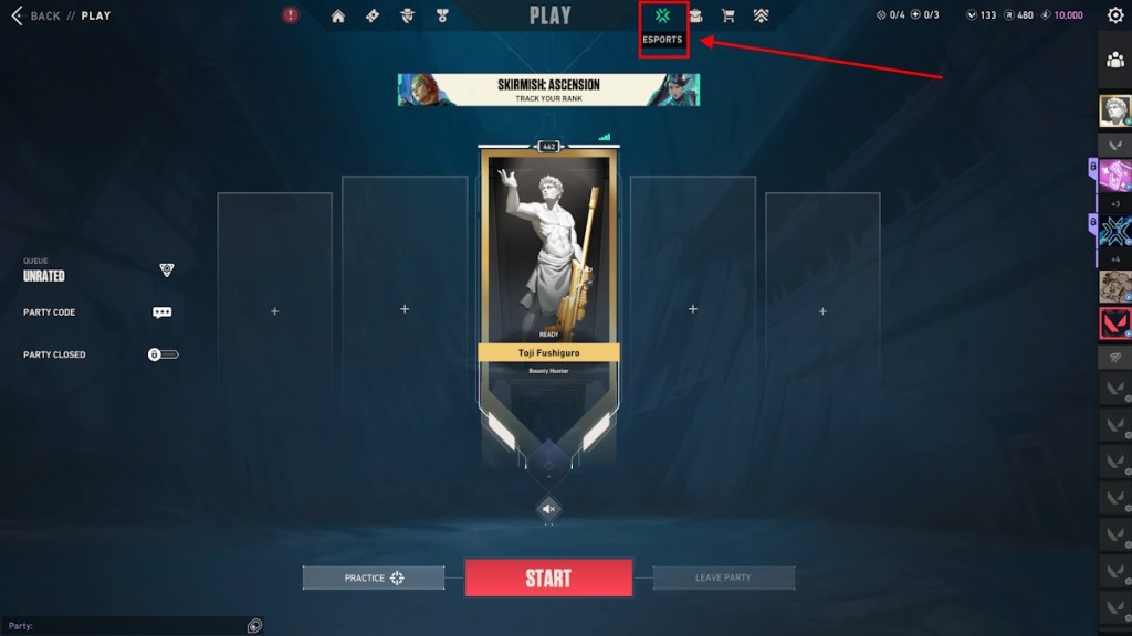Selecting Esports tab in Valorant
