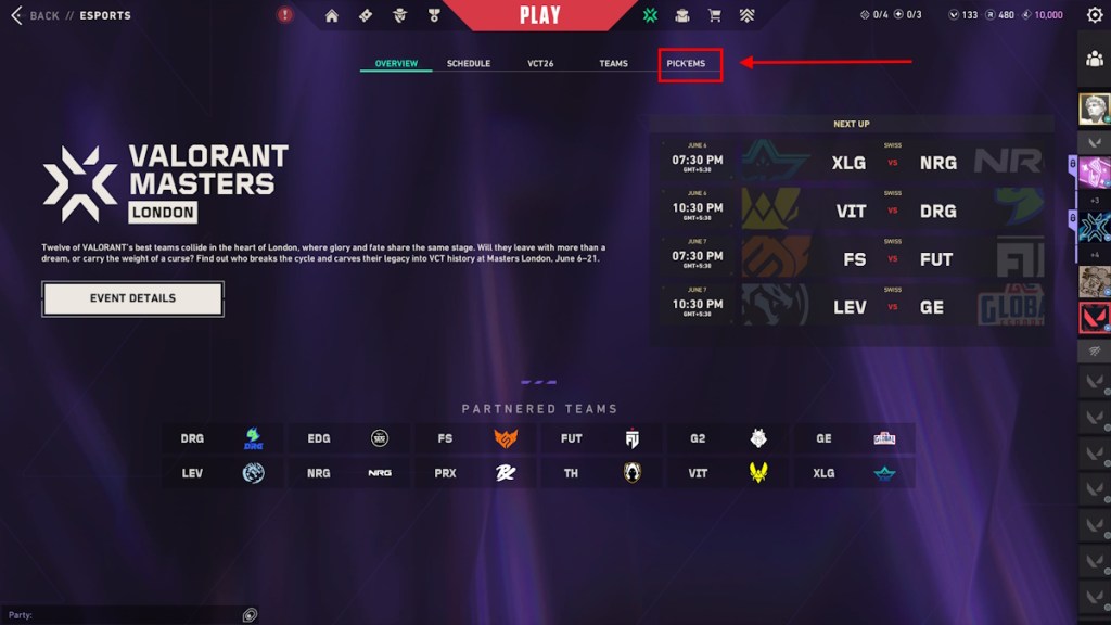 Selecting Pick'Ems menu in Valorant