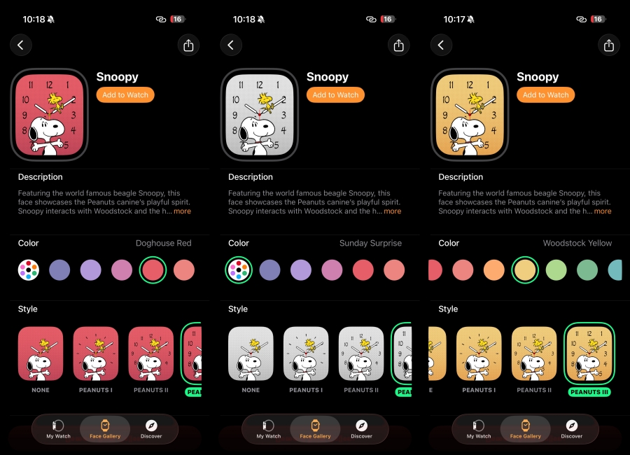 Snoopy Watch Face watchOS 26 setup screen side by side