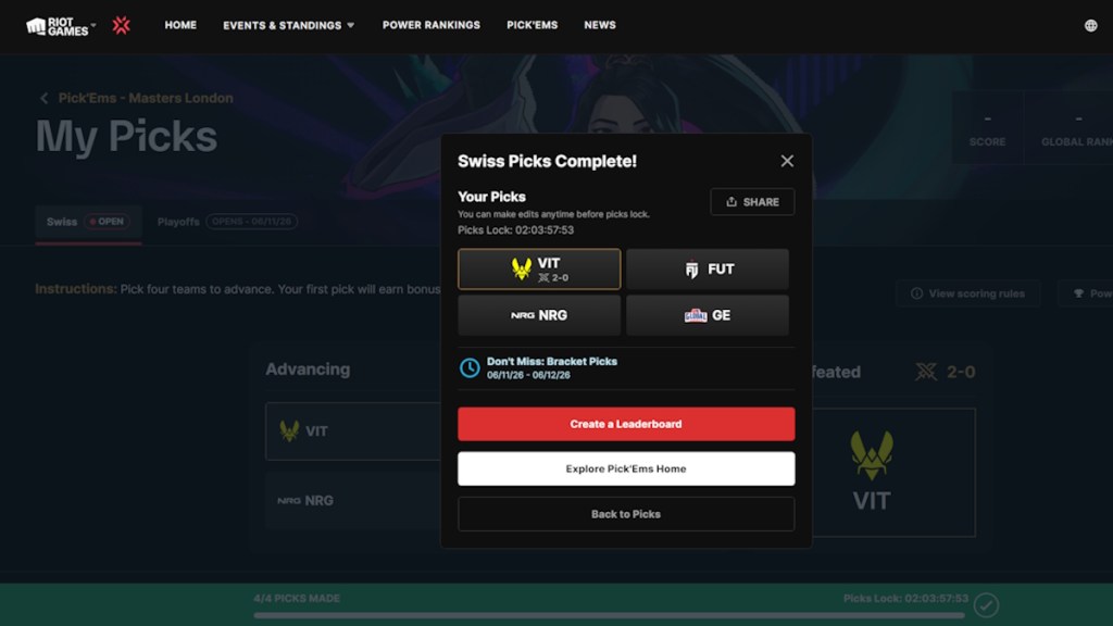 Valorant Masters London 2026 Swiss Picks complete