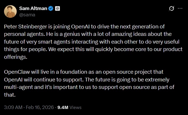 sam altman tweet on moltbot founder joining openai