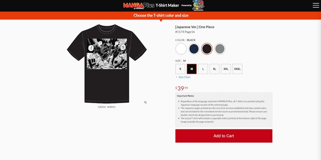 Selecting the right size and color for the Manga Plus T-Shirt