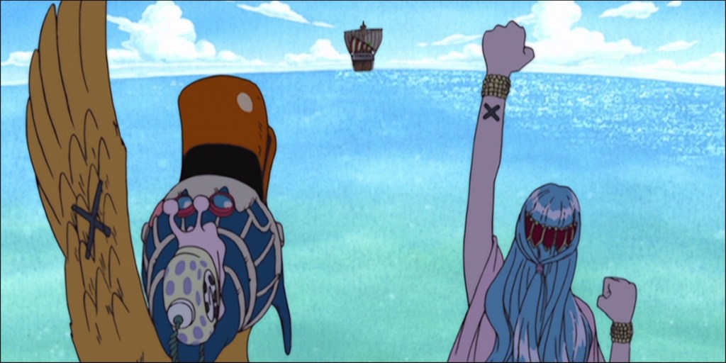 Vivi and Karoo pointing the friendship sign in One Piece anime