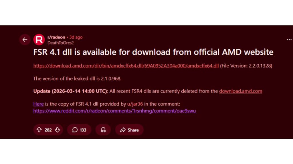 AMD FSR 4.1 Reddit Post