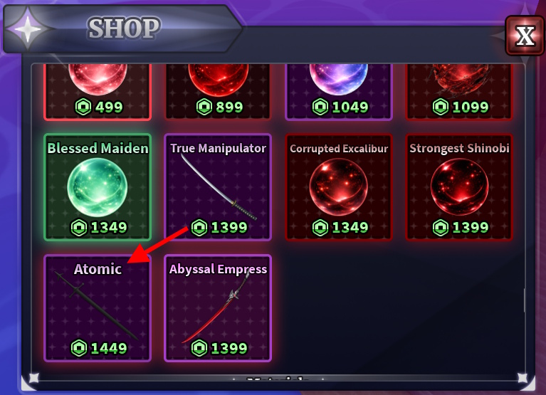 Atomic Sword in Game Shop Sailor Piece