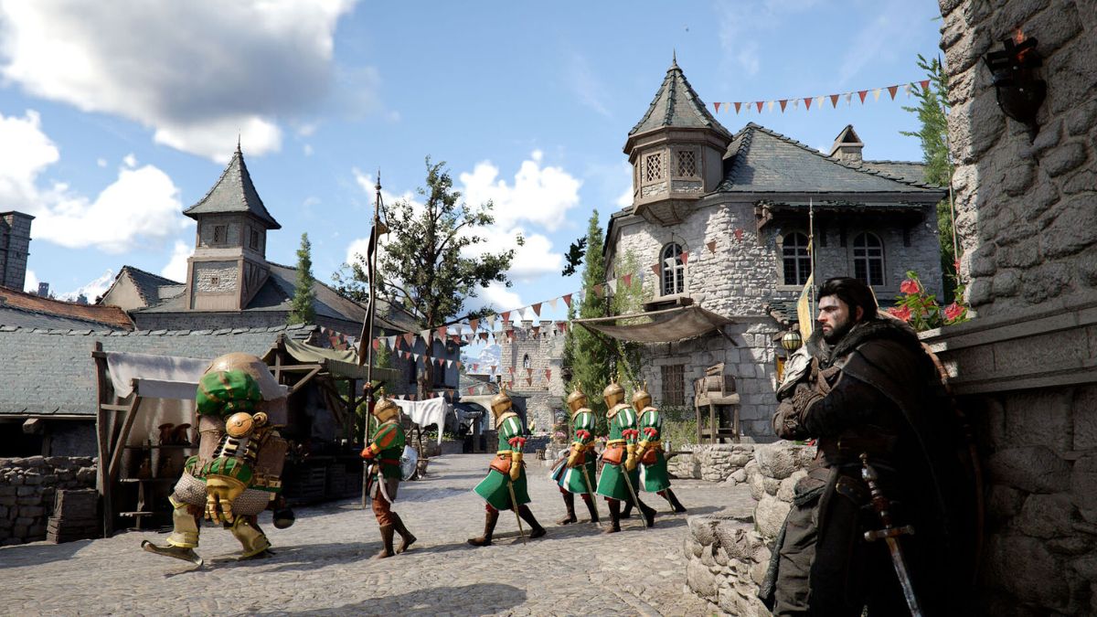 Kliff leaning against a wall in a city in Crimson Desert