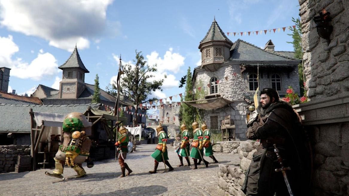 Kliff leaning against a wall in a city in Crimson Desert