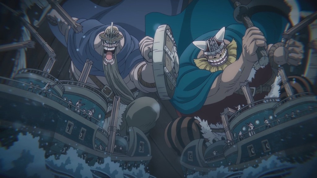 Dorry and Brogy destroying Marine ships on Egghead Island in the One Piece anime