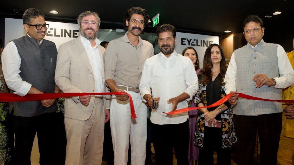 Shri. Sanjay Jaju; Mr. Jeff Shapiro; Mr. Rana Daggubati; CM Anumula Revanth Reddy; Mahima Kaul; Monika Shergill; Shri. D. Sridhar Babu. Sridhar Babu opening the new Eyeline Studios at Hyderabad, India