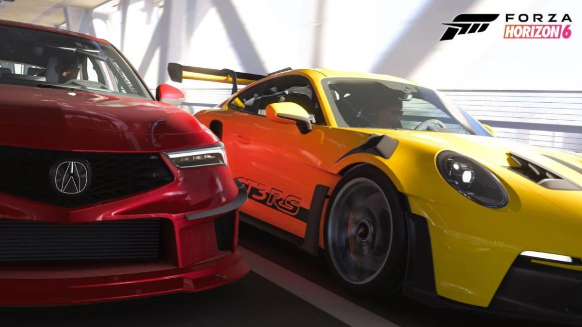 A Porsche and an Acura side-by-side in Forza Horizon 6