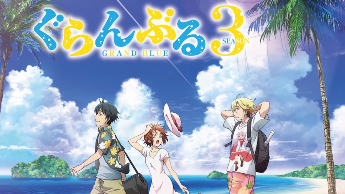 Grand Blue Season 3 Poster featuring Iori, Chisa, and Kohei in Palau