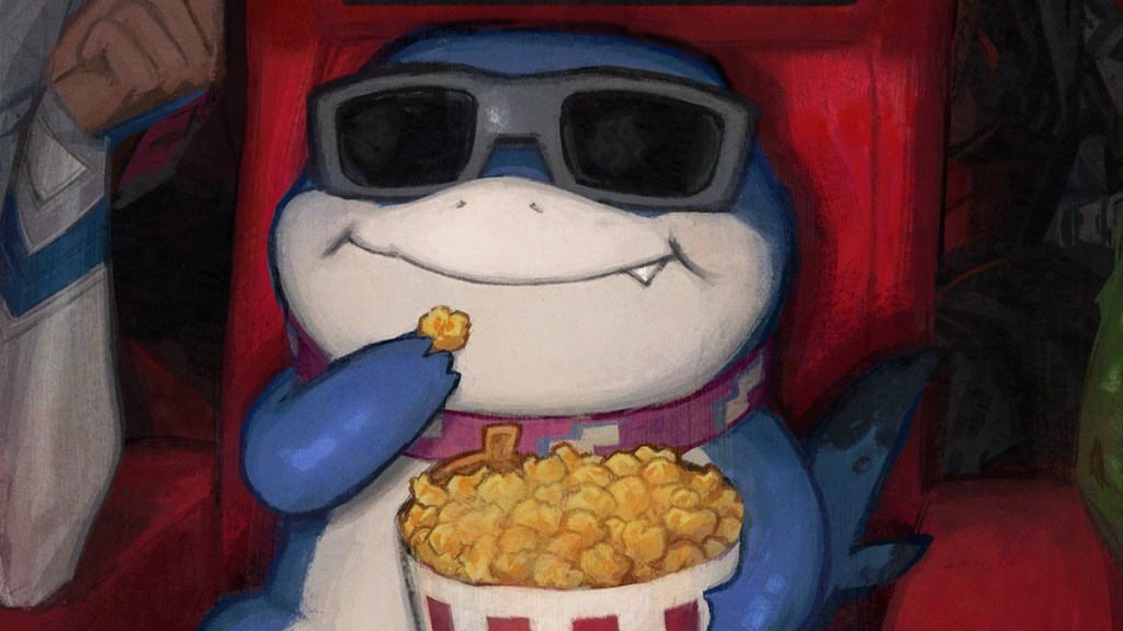 Jeff the Land Shark eating popcorn
