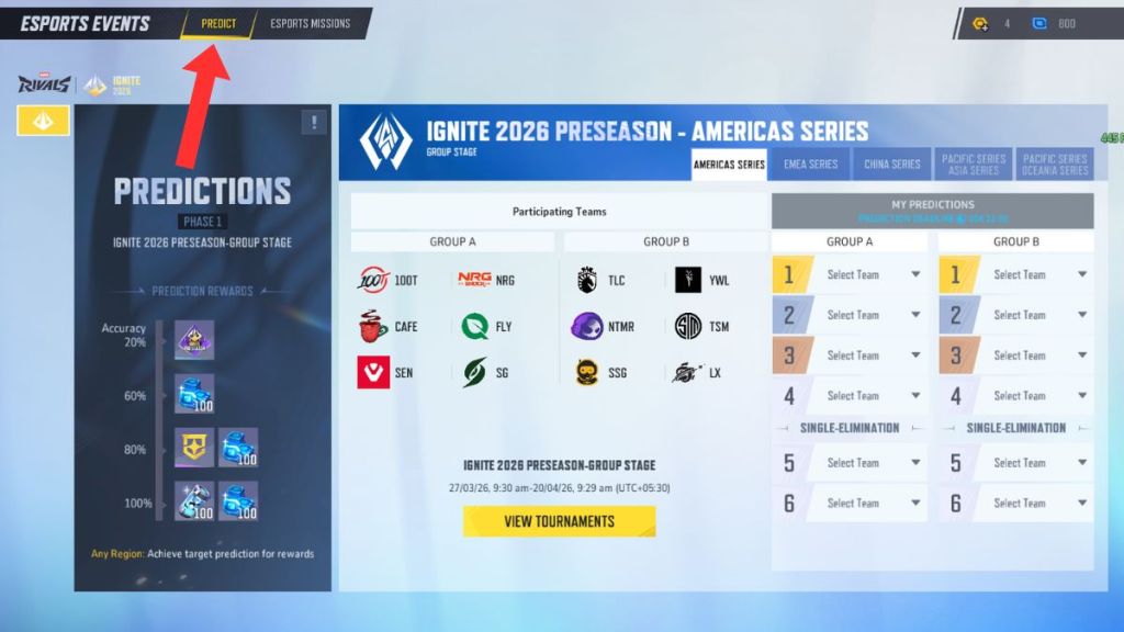 Marvel Rivals Esports Menu Prediction Section