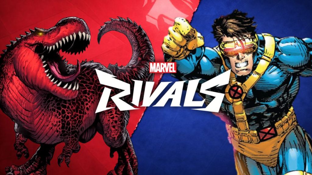 Devil Dinosaur and Cyclops side by side, with the Marvel Rivals logo in the middle