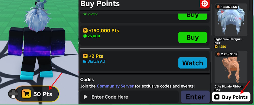 My Avatar codes redeem option