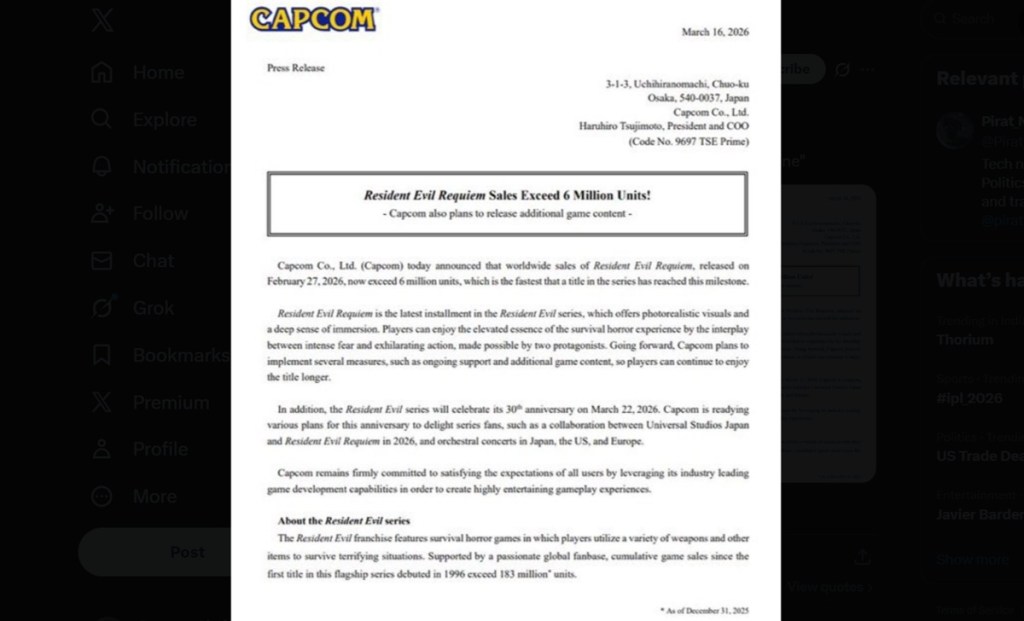 Resident Evil Requiem sells 6 million copies press release capcom