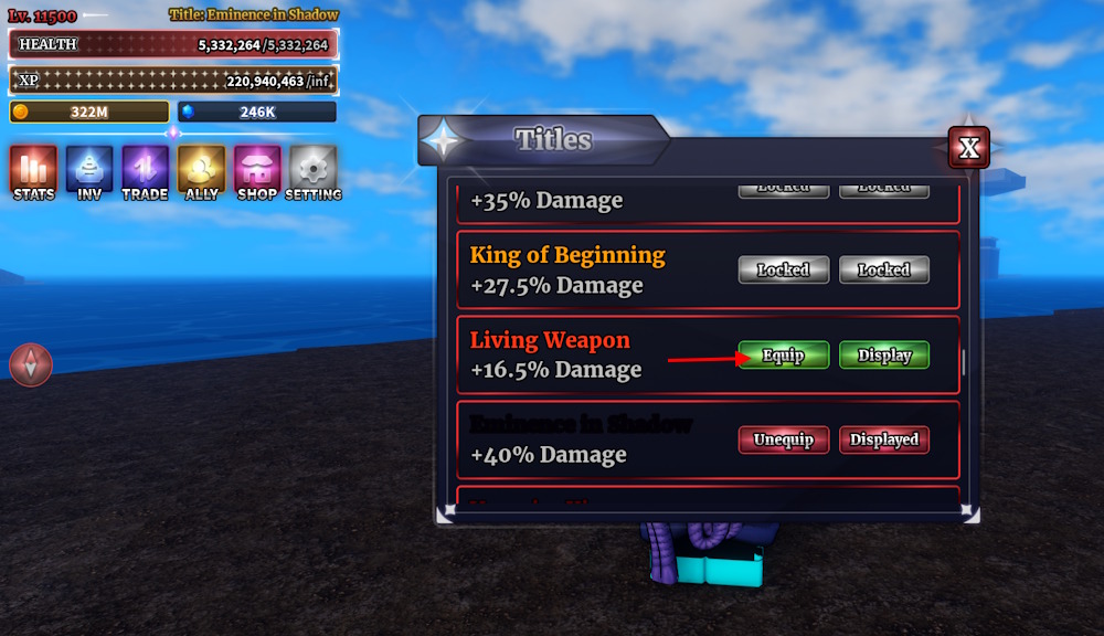 Sailor Piece Title equip button