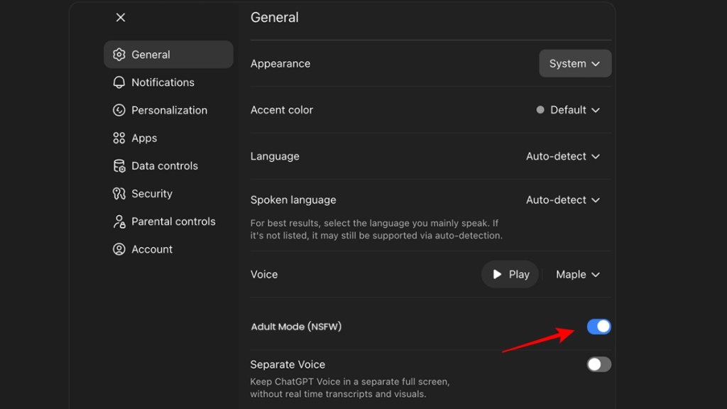 Turn on Adult mode toggle in ChatGPT