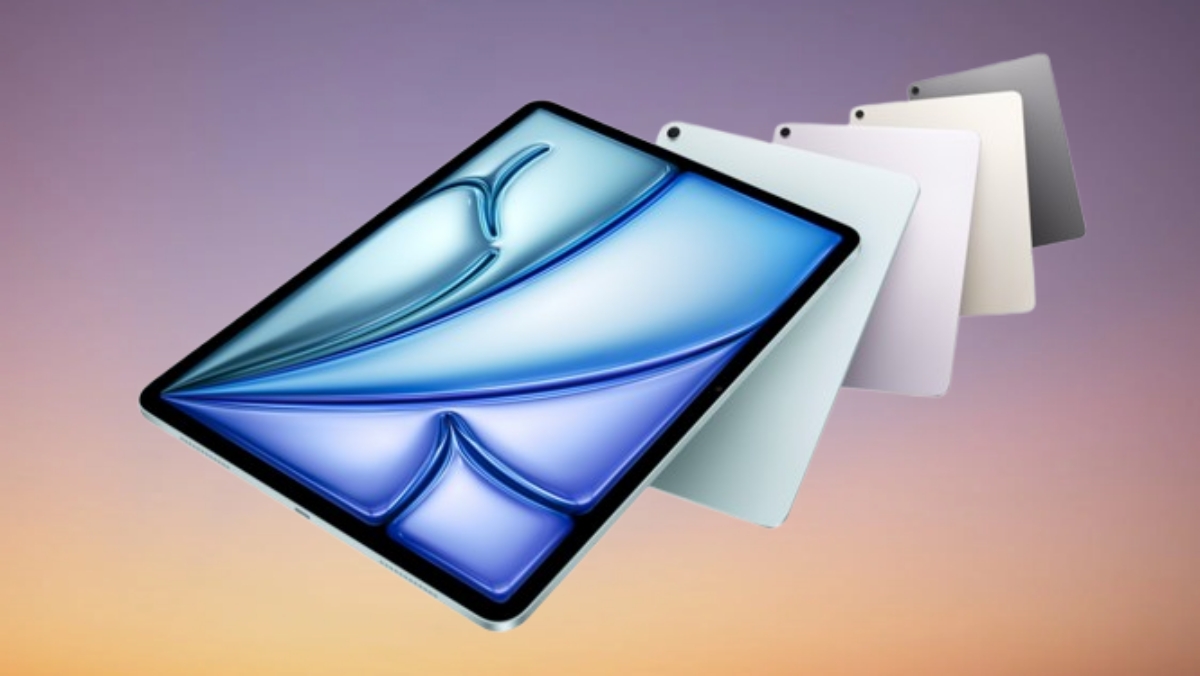 iPad Air M4 product shots in different color options against a gradient background