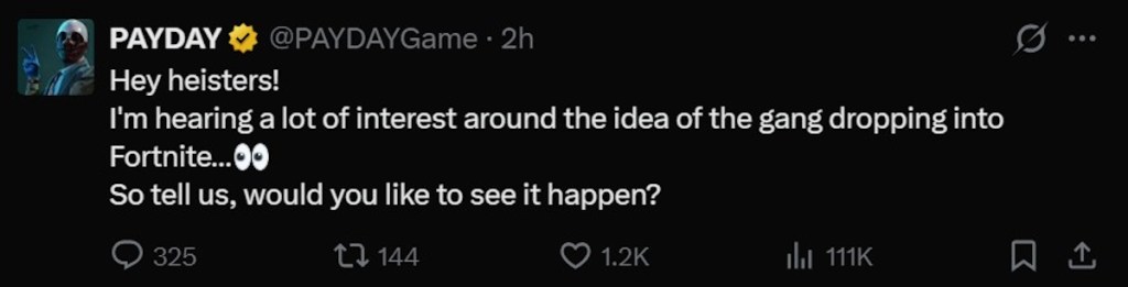 PAYDAY x Fornite crossover teased by PAYDAY team