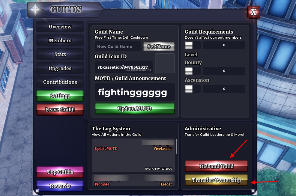 Admin options in Sailor Piece guild