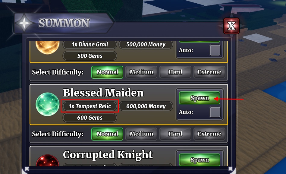 Blessed Maiden spawn using Tempest Relics in Sailor Piece