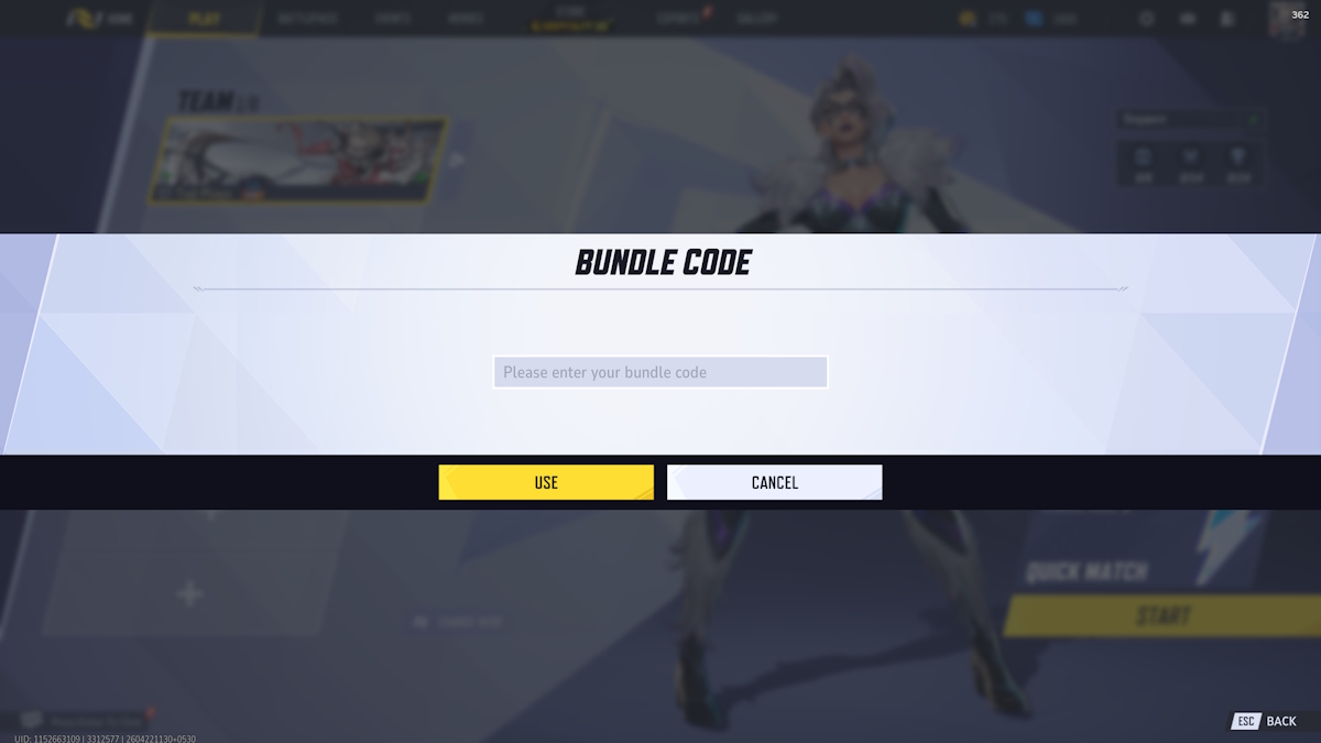 Cuadro de entrada de código de paquete en Marvel Rivals