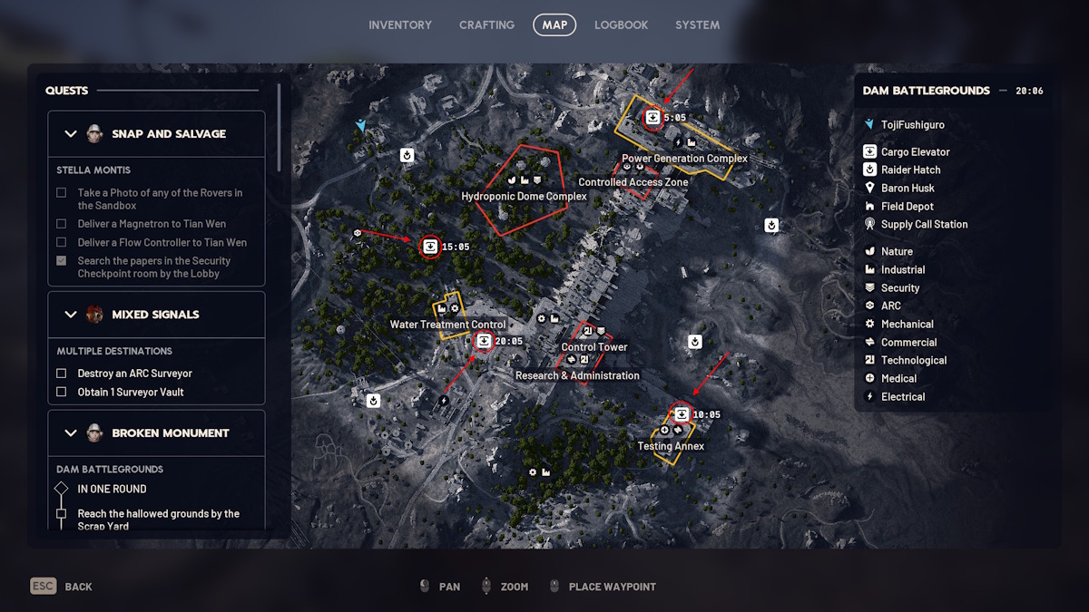 Common Extraction Points marked on the map in Arc Raiders