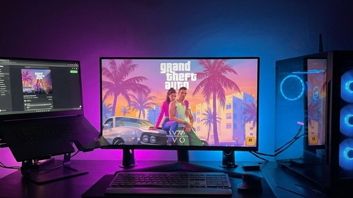 A Gaming PC setup with the GTA 6 cover art on screen