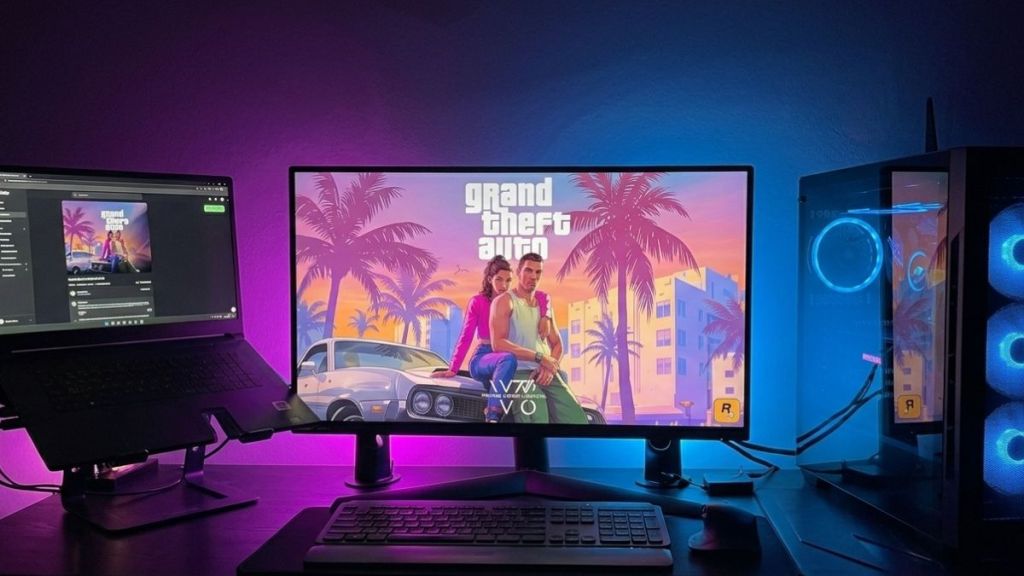 A Gaming PC setup with the GTA 6 cover art on screen