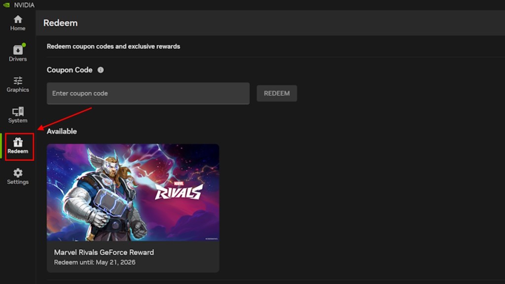 Nvidia app's redeem section