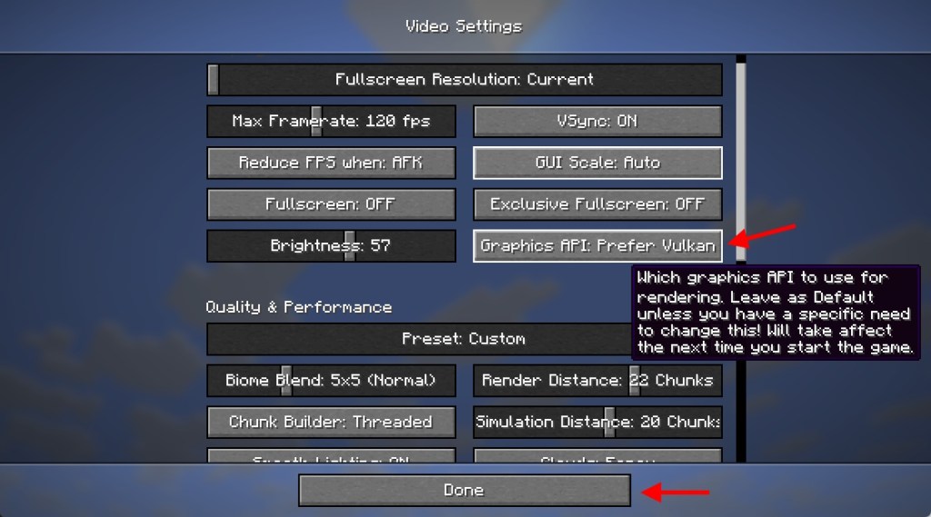 Select Prefer Vulkan to enable it in Minecraft